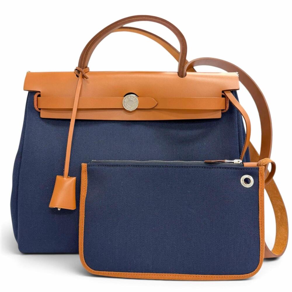 HERMES Herbag Zip 31 PM Toile Military Vache Hunter Blue Marine Silver Hardwa...